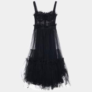 Pre Owned Dolce & Gabbana Black Plumetis Tulle Ruched Midi Dress L