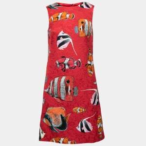 Pre Owned Dolce & Gabbana Red Fish Print Jacquard Sleeveless Shift Dress S