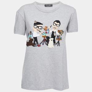 Pre Owned Dolce & Gabbana Grey Cotton DG Family Appliqued T-Shirt S