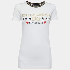 Pre Owned Dolce & Gabbana White Cotton Logo Print T-Shirt XS