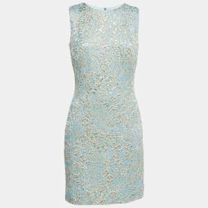 Pre Owned Dolce & Gabbana Blue & Gold Jacquard Silk Sleeveless Dress M