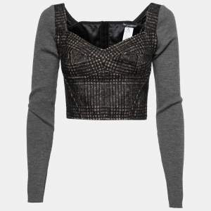 Pre Owned Dolce & Gabbana Brown/Grey Patterned Wool Bustier Long Sleeve Crop Top M