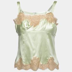 Pre Owned Dolce & Gabbana Green Silk Lace Trimmed Camisole Top M
