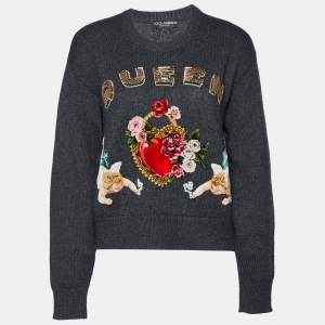 Pre Owned Dolce & Gabbana Dark Grey Embroidered Cashmere Crewneck Sweater S
