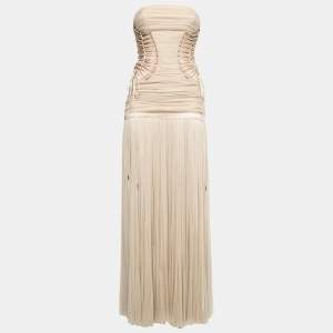 Pre Owned Dolce & Gabbana Beige Silk Mesh Ruched Strapless Gown S