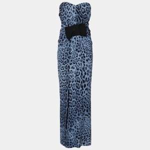 Pre Owned Dolce & Gabbana Blue Animal Printed Silk Bow Detail Strapless Maxi Dress L