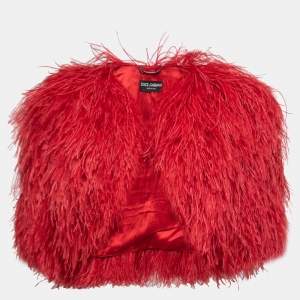 Pre Owned Dolce & Gabbana Red Ostrich Feather Cropped Bolero Jacket XS