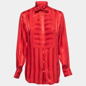 Pre Owned Dolce & Gabbana Red Striped Silk Pleated Front Tie Neck Blouse M