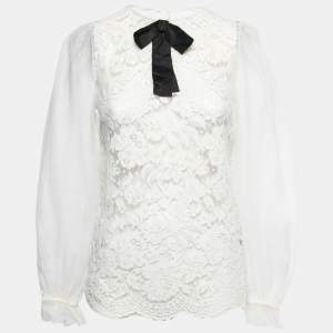 Pre Owned Dolce & Gabbana White Lace and Organza Long Sleeve Top M