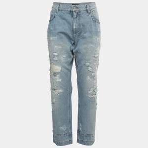 Pre Owned Dolce & Gabbana Blue Ripped Denim Boyfriend Jeans L Waist 34"