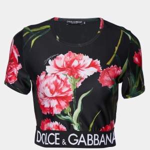 Pre Owned Dolce & Gabbana Black Floral Printed Jersey Logo band Detail Crop Top M