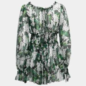 Pre Owned Dolce & Gabbana Green Floral Printed Chiffon Tie Detail Blouse M