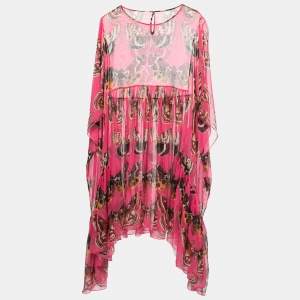 Pre Owned Dolce & Gabbana Pink Butterfly Printed Silk Chiffon Asymmetrical Kaftan Dress M