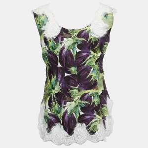 Pre Owned Dolce & Gabbana Purple/White Printed Cotton Lace Trimmed Sleeveless Top S