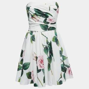 Pre Owned Dolce & Gabbana White Floral Printed Cotton Poplin Strapless Mini Dress S
