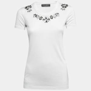 Pre Owned Dolce & Gabbana White Crystal Embellished Cotton Half Sleeve Crew Neck T-Shirt XS