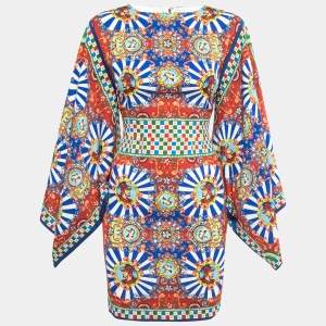 Pre Owned Dolce & Gabbana Multicolor Printed Silk Wide Kimono Sleeve Short Dress XS