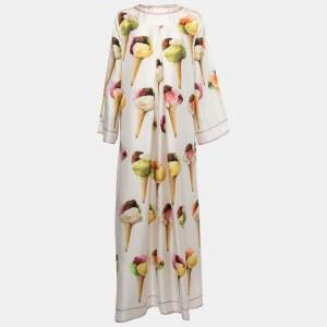 Pre Owned Dolce & Gabbana White Ice Cream Print Silk Kaftan Maxi Dress S