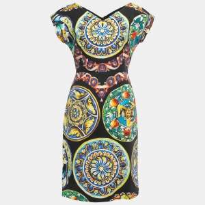 Pre Owned Dolce & Gabbana Black Printed Linen Blend Midi Dress M