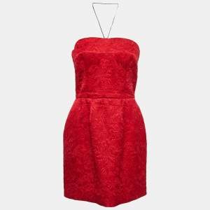 Pre Owned Dolce & Gabbana Red Jacquard Silk Blend Corset Detail Strapless Mini Dress M