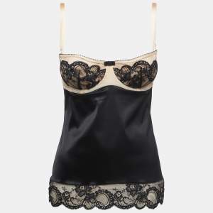 Pre Owned Dolce & Gabbana Black Satin Lace Trimmed Corset Detail Camisole M