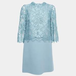Pre Owned Dolce & Gabbana Blue Lace Overlay Wool Blend Short Dress M