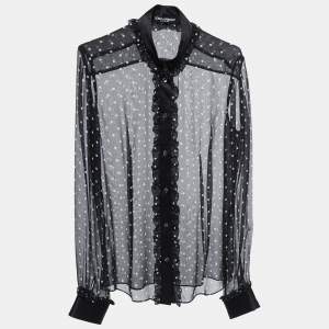 Pre Owned Dolce & Gabbana Black Polka Dotted Chiffon Button Front Full Sleeve Shirt Blouse S