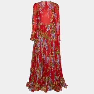 Pre Owned Dolce & Gabbana Red Floral Printed Silk Long Sleeve Maxi Dress L