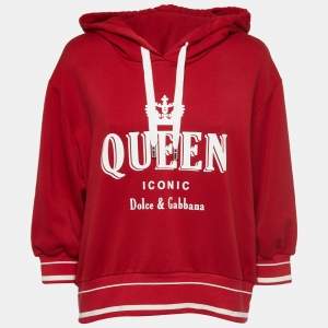 Pre Owned Dolce & Gabbana Red Logo Printed Cotton Knit Hooded Sweatshirt XS