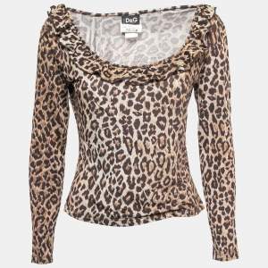 Pre Owned Dolce & Gabbana Brown Animal Print Jersey Ruffled Neck Full Sleeve Top L