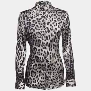 Pre Owned Dolce & Gabbana Grey/Black Animal Print Silk Satin Button Front Full Sleeve Shirt S