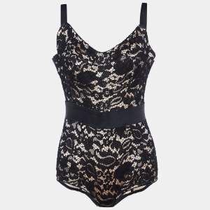Pre Owned Dolce & Gabbana Black Lace & Contrast Satin Bustier Bodysuit M
