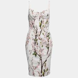 Pre Owned Dolce & Gabbana White Floral Cotton Bustier Midi Dress S