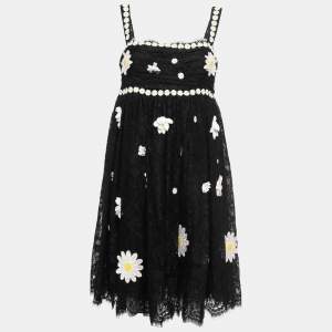 Pre Owned Dolce & Gabbana Black Lace Floral Applique Mini Dress M