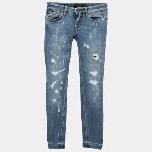 Pre Owned Dolce & Gabbana Blue Washed & Ripped Denim Pretty Jeans XS Waist 26