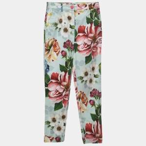 Pre Owned Dolce & Gabbana Blue Floral Print Cotton Trousers XS