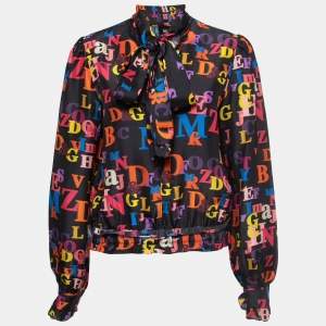 Pre Owned Dolce & Gabbana Multicolor Letters Printed Crepe Neck Tie Detail Blouse L