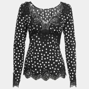 Pre Owned Dolce & Gabbana Black Polka Dotted Silk Lace Trimmed Long Sleeve Blouse S 