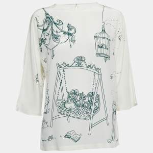 Pre Owned Dolce & Gabbana White Bird Cage Printed Silk Blouse S