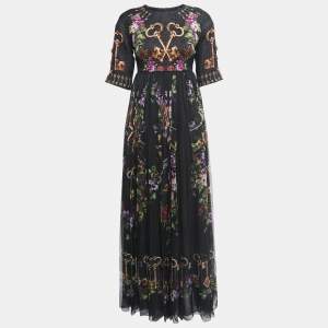 Pre Owned Dolce & Gabbana Black Floral & Key Printed Silk Maxi Dress S