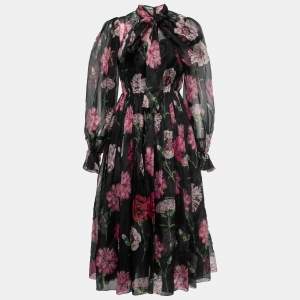 Pre Owned Dolce & Gabbana Black Floral Printed Silk Tie Neck Midi Dress S