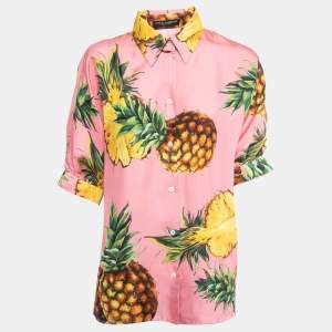 Pre Owned Dolce & Gabbana Pink Pineapple Print Silk Blouse L
