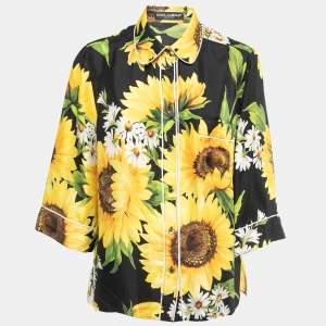 Pre Owned Dolce & Gabbana Black Sunflower Printed Silk Pajama Top L
