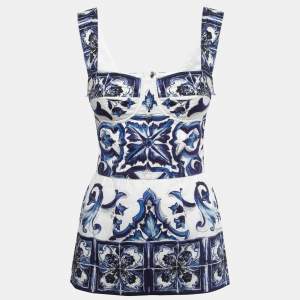 Pre Owned Dolce & Gabbana Blue Printed Cotton Peplum Top S