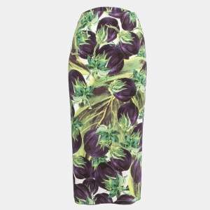 Pre Owned Dolce & Gabbana Purple/Green Eggplant Printed Crepe Midi Skirt M