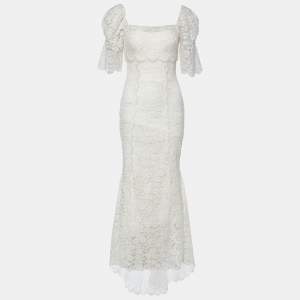 Pre Owned Dolce & Gabbana White Lace Ruched Trail Wedding Gown S