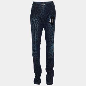 Pre Owned Dolce & Gabbana Navy Blue Animal Printed Denim Straight Leg Jeans L