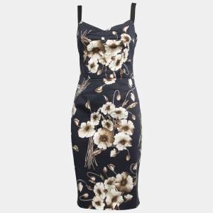 Pre Owned Dolce & Gabbana Navy Blue Floral Printed Cotton Midi Dress S