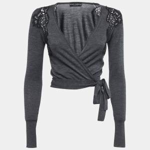 Pre Owned Dolce & Gabbana Charcoal Grey Wool & lace Trim Wrap Front Cropped Cardigan S