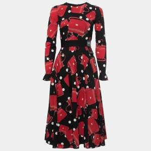 Pre Owned Dolce & Gabbana Black Miss Sicily Bag Printed Silk Midi Dress S
